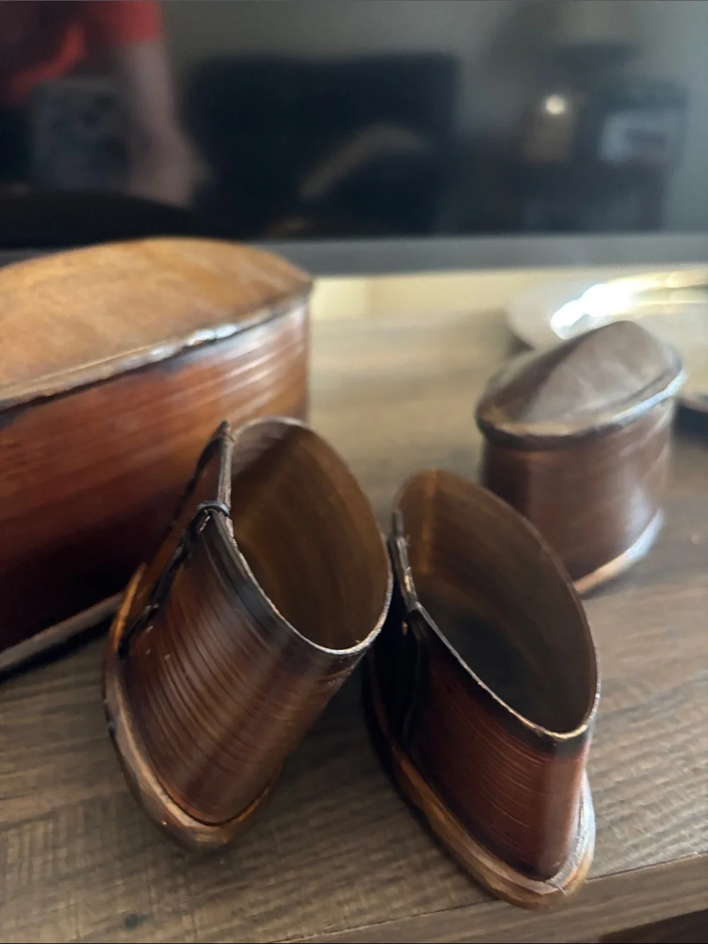 Hand Crafted Brown Oval Nesting Boxes Trio